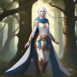 A full-body image of a standing female elf with pale skin, white hair, and blue eyes