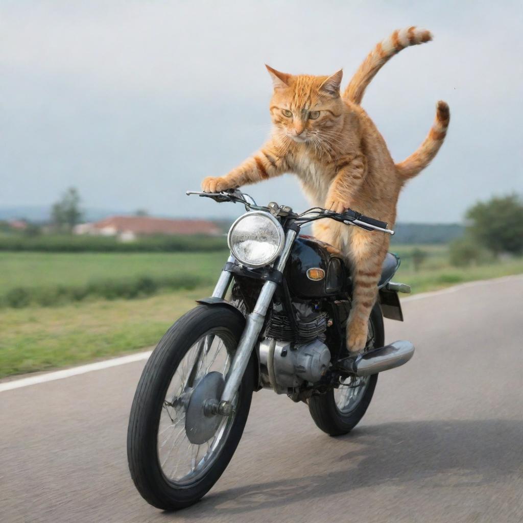 A cat sprinting whilst steering a motorbike