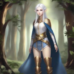 A full-body image of a standing female elf with pale skin, white hair, and blue eyes