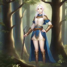 A full-body image of a standing female elf with pale skin, white hair, and blue eyes