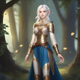 A full-body image of a standing female elf with pale skin, white hair, and blue eyes