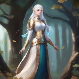 A full-body image of a standing female elf with pale skin, white hair, and blue eyes