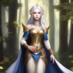 A full-body image of a standing female elf with pale skin, white hair, and blue eyes