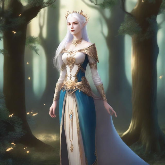 A full-body image of a standing female elf with pale skin, white hair, and blue eyes