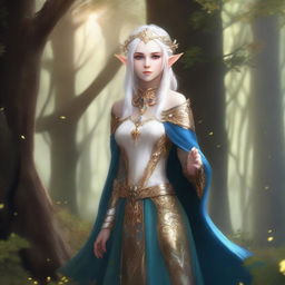 A full-body image of a standing female elf with pale skin, white hair, and blue eyes