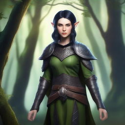 A female elf druid with black short hair, wearing leather armor