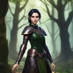 A female elf druid with black short hair, wearing leather armor