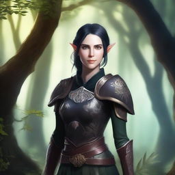 A female elf druid with black short hair, wearing leather armor