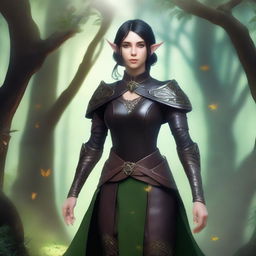 A female elf druid with black short hair, wearing leather armor