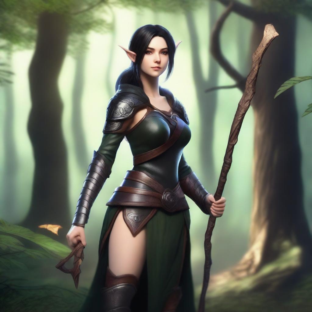 A female elf druid with black short hair, wearing leather armor, holding a wooden staff