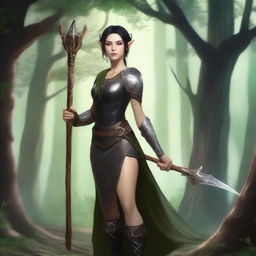 A female elf druid with black short hair, wearing leather armor, holding a wooden staff