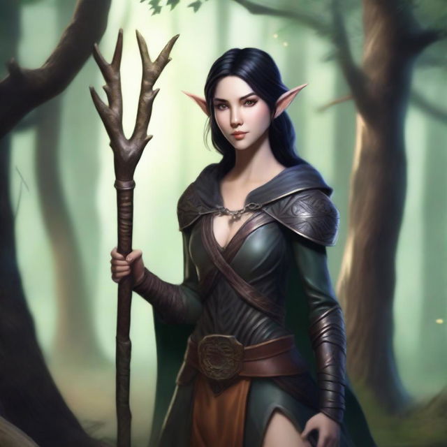 A female elf druid with black short hair, wearing leather armor, holding a wooden staff