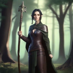 A female elf druid with black short hair, wearing leather armor, holding a wooden staff