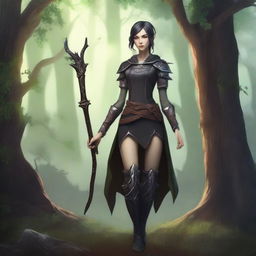 A full-body image of a female elf druid with black short hair, wearing leather armor, and holding a wooden staff