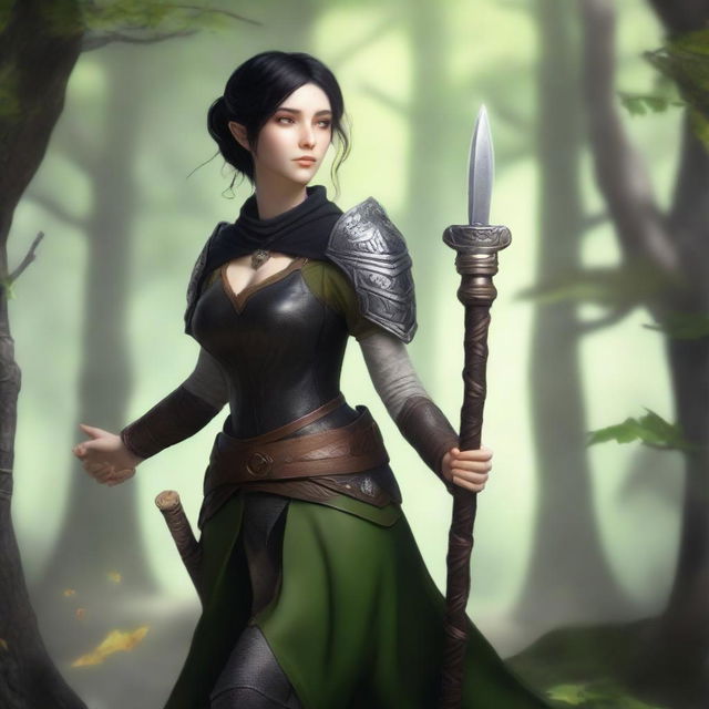 A full-body image of a female elf druid with black short hair, wearing leather armor, and holding a wooden staff