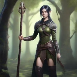 A full-body image of a female elf druid with black short hair, wearing leather armor, and holding a wooden staff