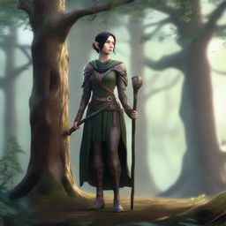 A full-body image of a female elf druid with black short hair, wearing leather armor, and holding a wooden staff