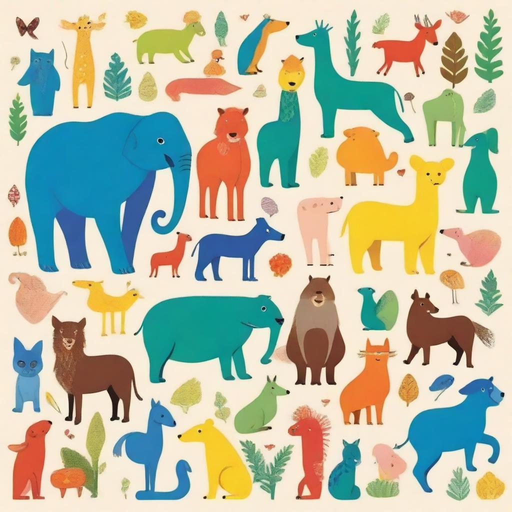 A vibrant and colorful illustration featuring various animals on an A4-sized sheet