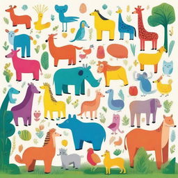 A vibrant and colorful illustration featuring various animals on an A4-sized sheet