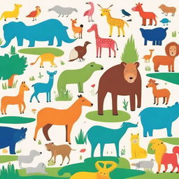 A vibrant and colorful illustration featuring various animals on an A4-sized sheet