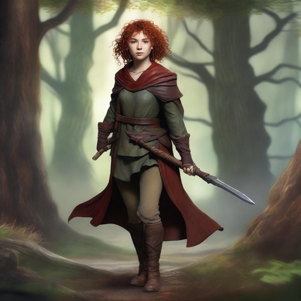 A full-body image of a female hobbit druid with red short curly hair, wearing slightly dirty leather armor