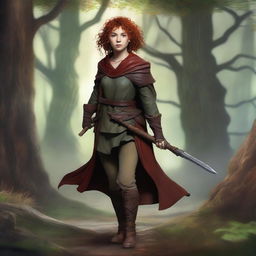 A full-body image of a female hobbit druid with red short curly hair, wearing slightly dirty leather armor