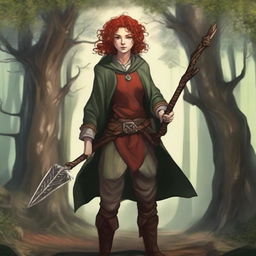 A full-body image of a female hobbit druid with red short curly hair, wearing slightly dirty leather armor