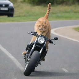 A cat sprinting whilst steering a motorbike