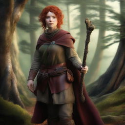 A full-body image of a female hobbit druid with red short curly hair, wearing slightly dirty leather armor