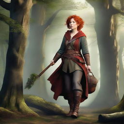 A full-body image of a female hobbit druid with red short curly hair, wearing slightly dirty leather armor