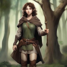 A full-body image of a female hobbit druid with brown short curly hair, wearing slightly dirty leather armor