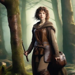 A full-body image of a female hobbit druid with brown short curly hair, wearing slightly dirty leather armor