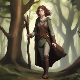 A full-body image of a female hobbit druid with brown short curly hair, wearing slightly dirty leather armor