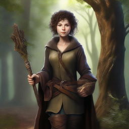 A full-body image of a female hobbit druid with brown short curly hair, wearing slightly dirty leather armor