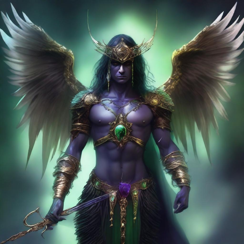 Create a dark fantasy portrait of an undead angel holding a wicked barbed spear made of glass