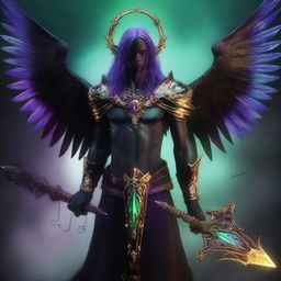 Create a dark fantasy portrait of an undead angel holding a wicked barbed spear made of glass