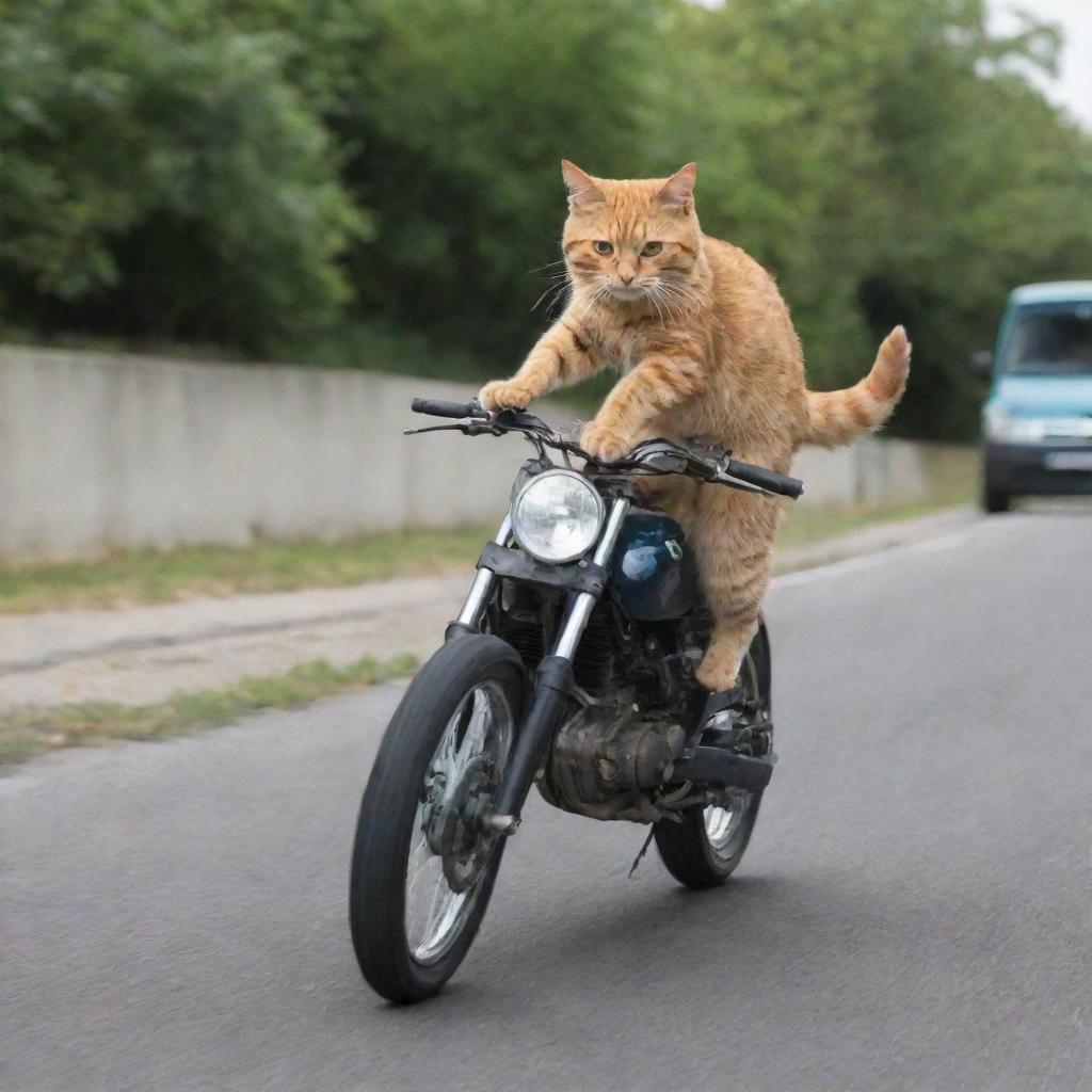 A cat sprinting whilst steering a motorbike