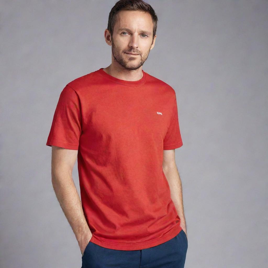 A man wearing a red t-shirt