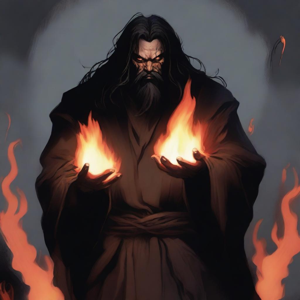 A brown orc man with long black hair and a black beard, wearing black robes