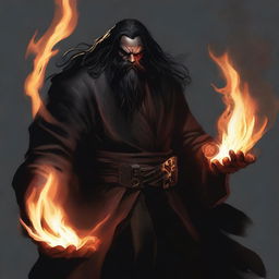 A brown orc man with long black hair and a black beard, wearing black robes