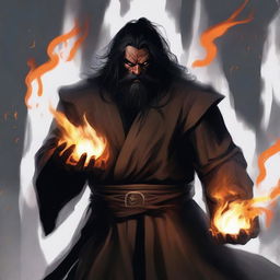 A brown orc man with long black hair and a black beard, wearing black robes