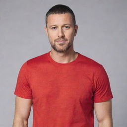 A man wearing a red t-shirt