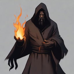 A brown orc man with long black hair and a black beard, wearing black robes with a hood