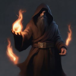 A brown orc man with long black hair and a black beard, wearing black robes with a hood