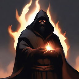 A brown orc man with long black hair and a black beard, wearing black robes with a hood