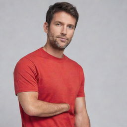 A man wearing a red t-shirt