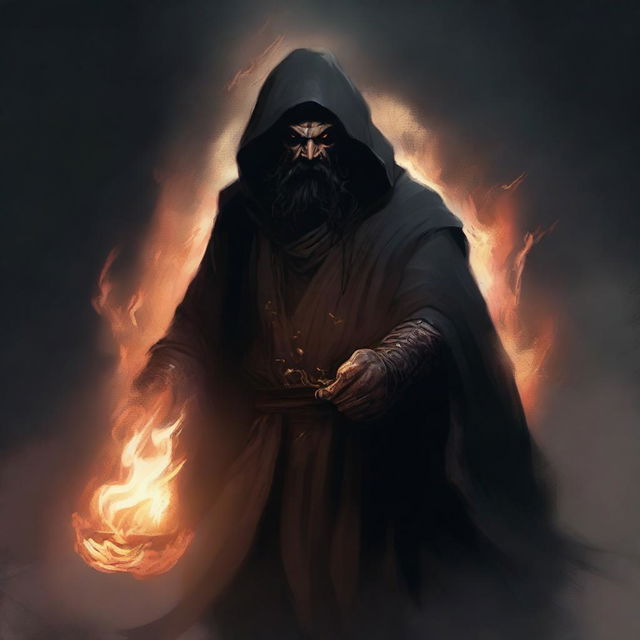 A brown orc man with long black hair and a black beard, wearing black robes with a hood