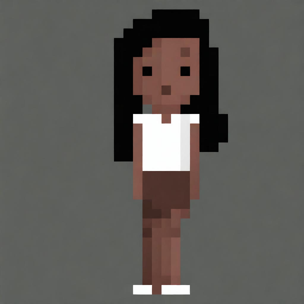 Draw a small girl with dark skin and black eyes, wearing a white shirt and slightly brown shorts, and having black hair