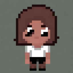 Draw a small girl with dark skin and black eyes, wearing a white shirt and slightly brown shorts, and having black hair