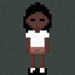 Draw a small girl with dark skin and black eyes, wearing a white shirt and slightly brown shorts, and having black hair